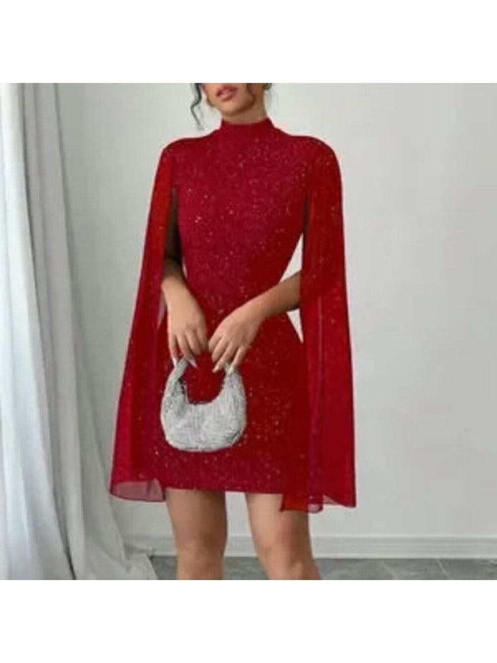 Red Party Women's Fitted Short Casual Mock Neck Flared Sleeve Bodycon Dress